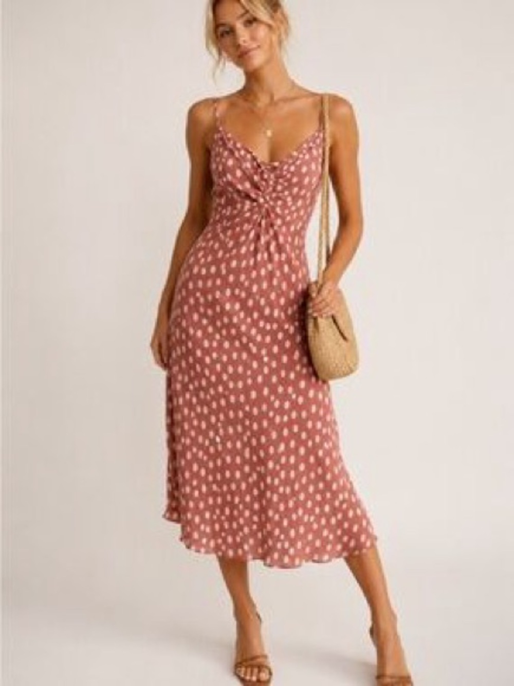 Abercrombie Polka Dot Twist-Front Midi Dress in Dusty Rose
